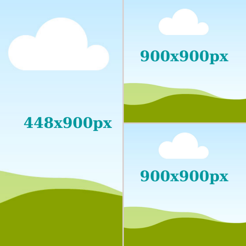 Hình đứng 448 x 900 và 2 hình bên phải size 900 x 900 px.